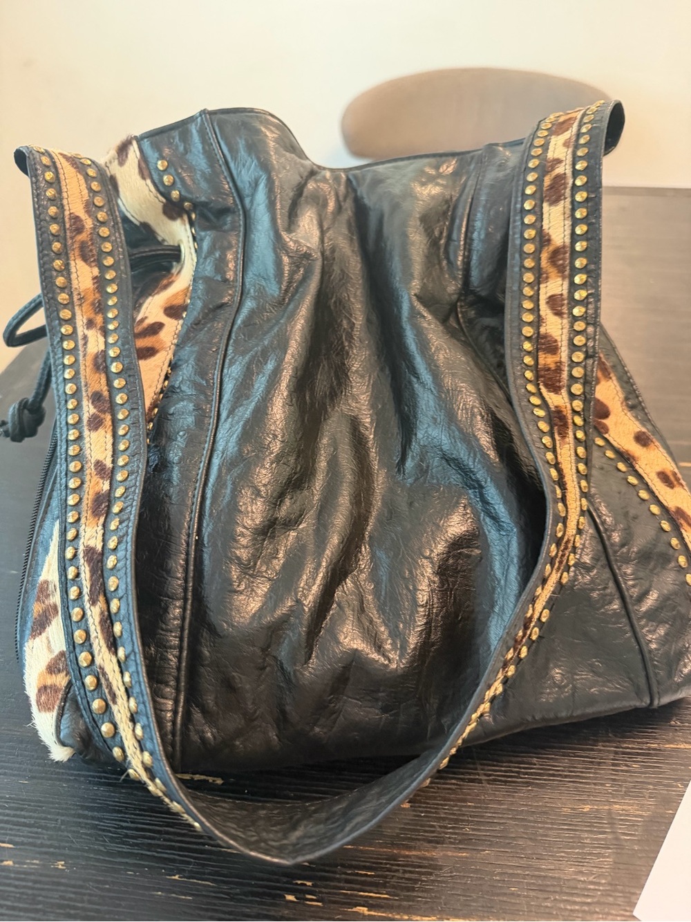 Vintage OHH! Ashley Black Studded Leather Leopard Calf Hair Hobo Bag Made in USA